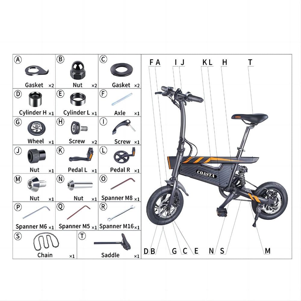 COASTA T18 12" Vélo électrique 350W Moteur 36V 7,8Ah Batterie