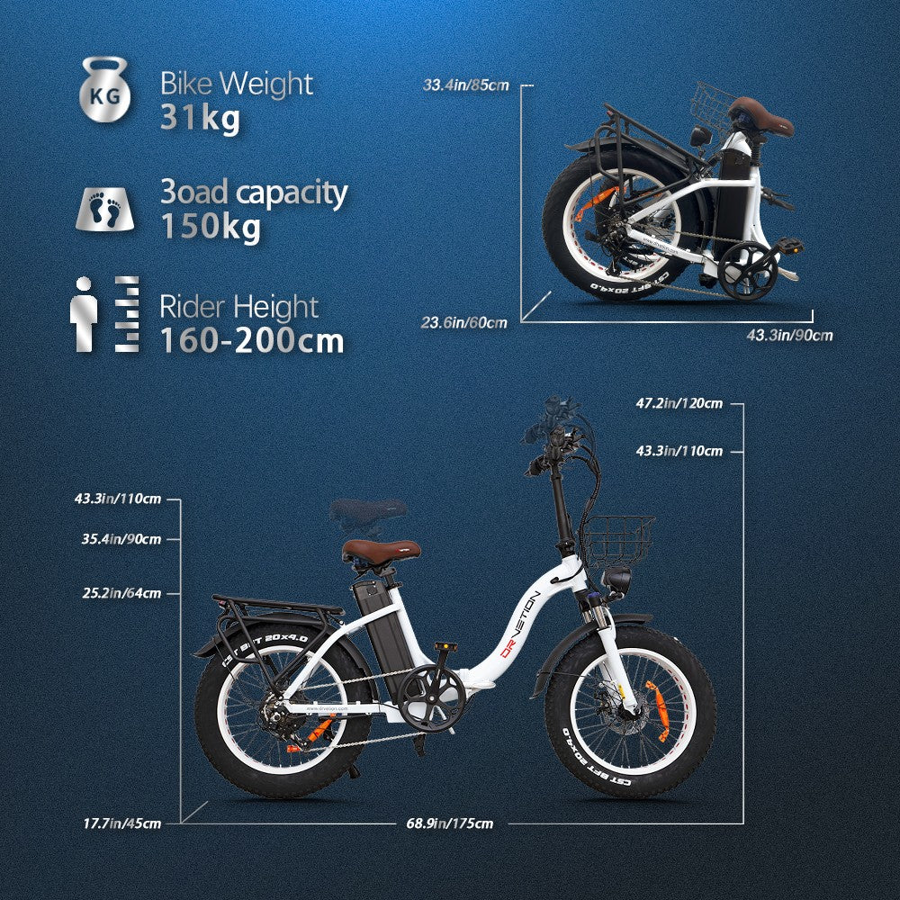 Bicicleta eléctrica plegable DRVETION CT20 de 20 pulgadas con neumáticos anchos, motor de 750 W, batería de 48 V y 10 Ah/15 Ah/20 Ah