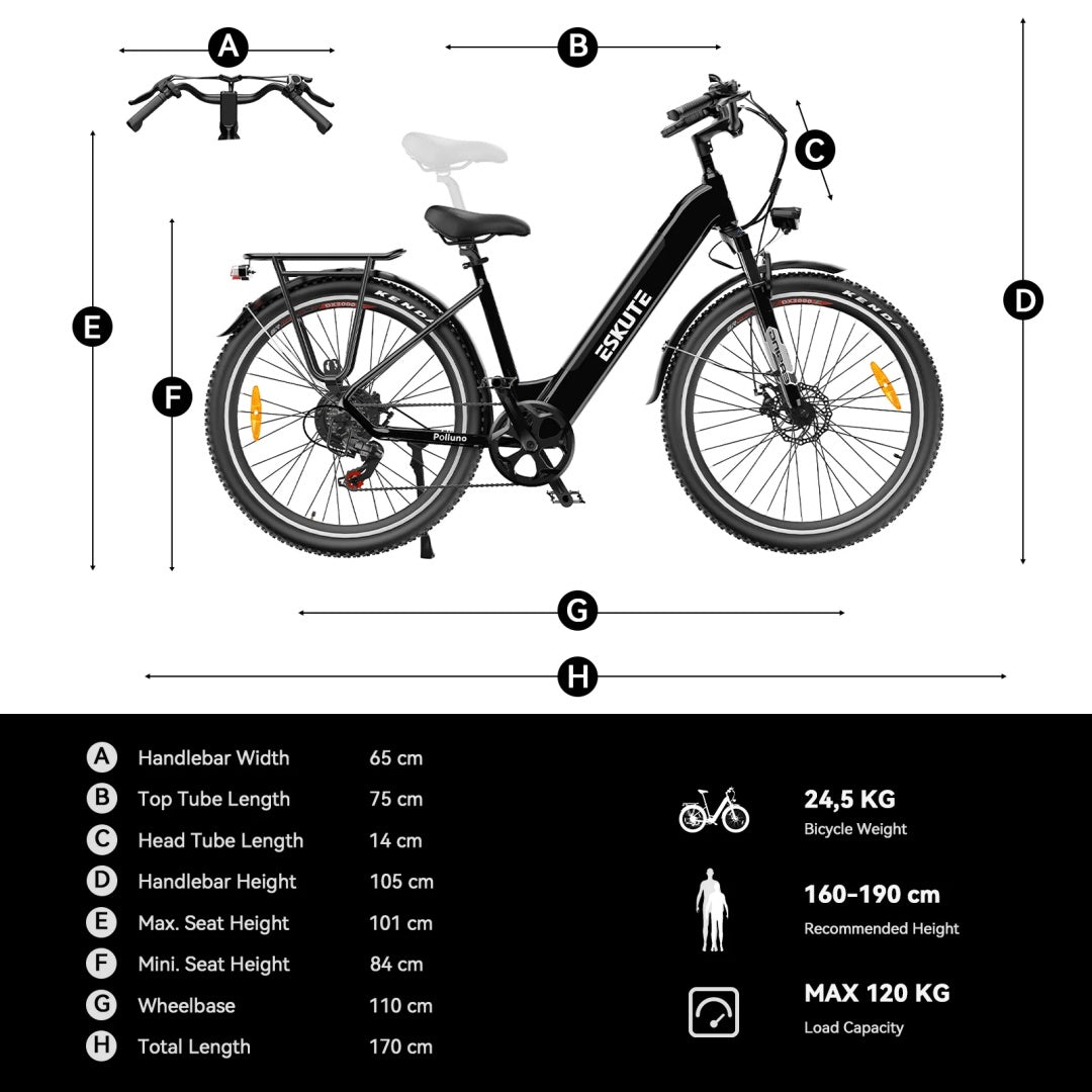 ESKUTE Polluno Plus 26"/28" VTC Électrique Avec Capteur de Couple 250W Moteur 36V 20Ah Batterie