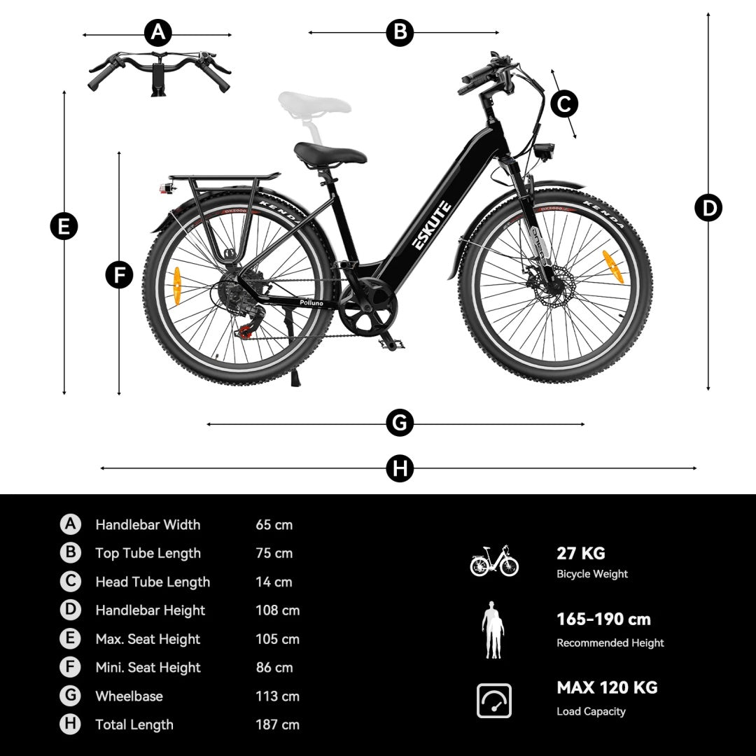 ESKUTE Polluno Plus 26"/28" VTC Électrique Avec Capteur de Couple 250W Moteur 36V 20Ah Batterie