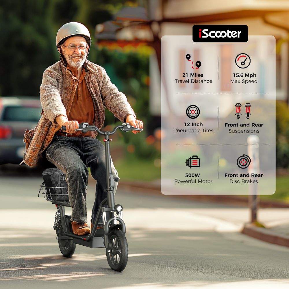 ISCOOTER I12 12" Trottinette électrique de transport avec siège et panier de transport 500W Moteur 36V 7,5Ah Batterie