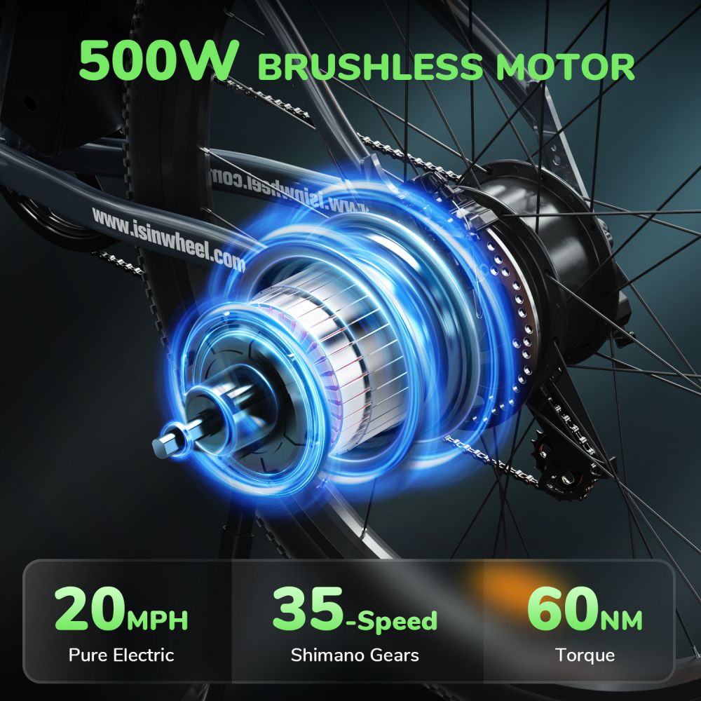 Bicicleta eléctrica ISINWHEEL M10 de 26 pulgadas para uso diario, motor de 500 W, batería de 36 V y 10,4 Ah