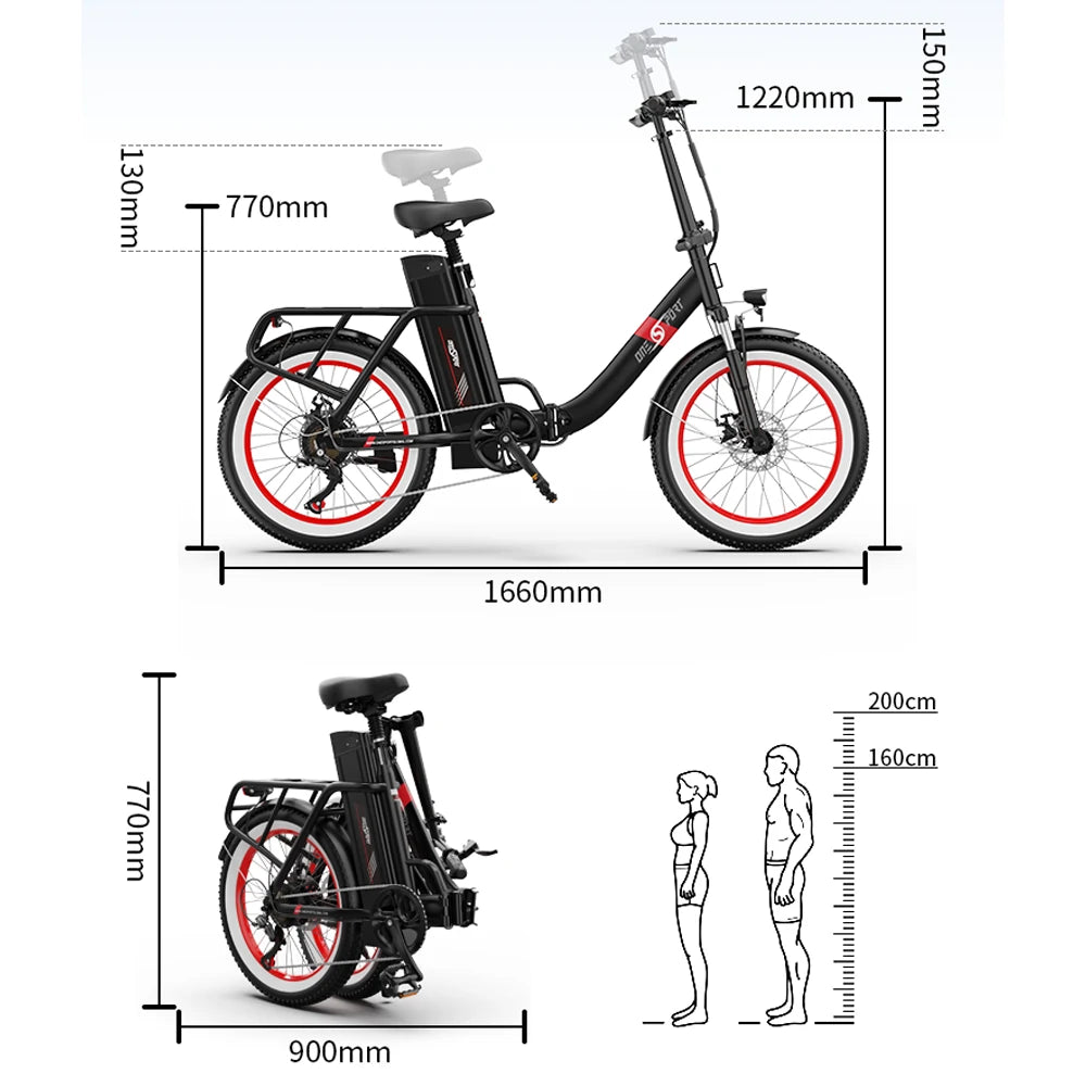 Taille du vélo électrique de banlieue pliable OneSport OT16-2 et hauteur recommandée