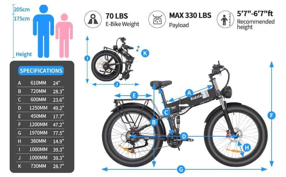 Bicicleta eléctrica plegable RIDSTAR H26 Pro de 26 pulgadas, motor de 1500 W, batería de 48 V y 23 Ah