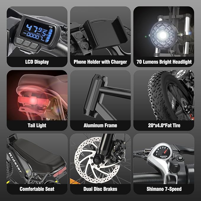 Bicicleta eléctrica RIDSTAR Q20 Lite de 20 pulgadas con neumáticos anchos, motor de 1000 W y batería de 48 V y 15 Ah