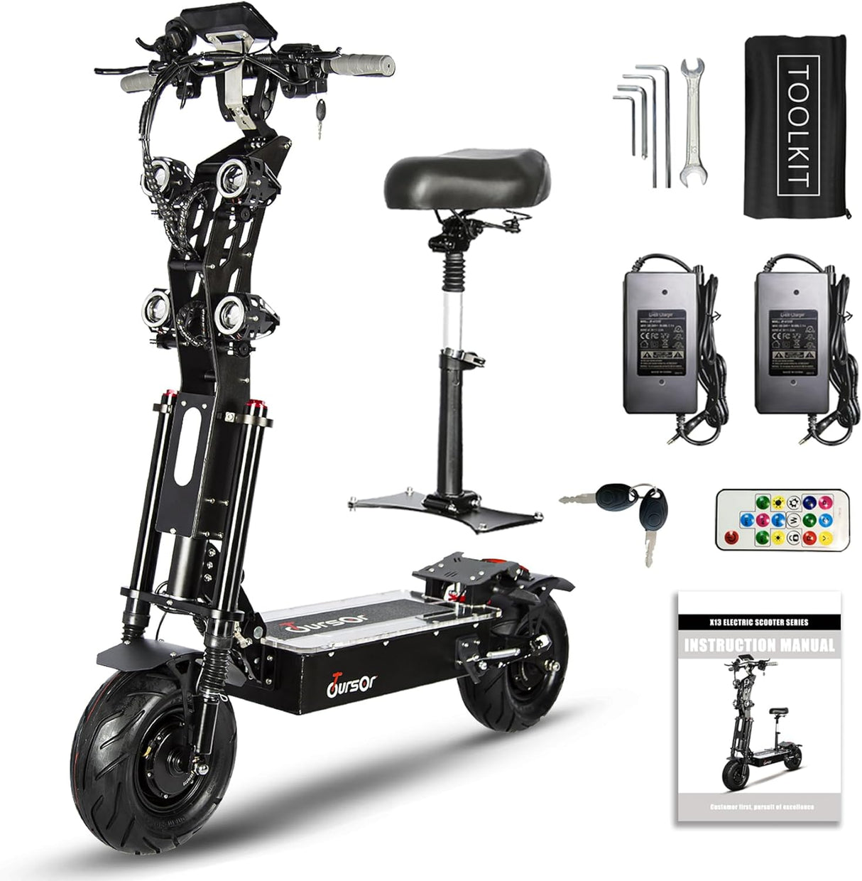 TOURSOR X13 60V 13" Scooter électrique pliant avec siège 4000W*2 Double Moteurs 60V 40Ah Batterie