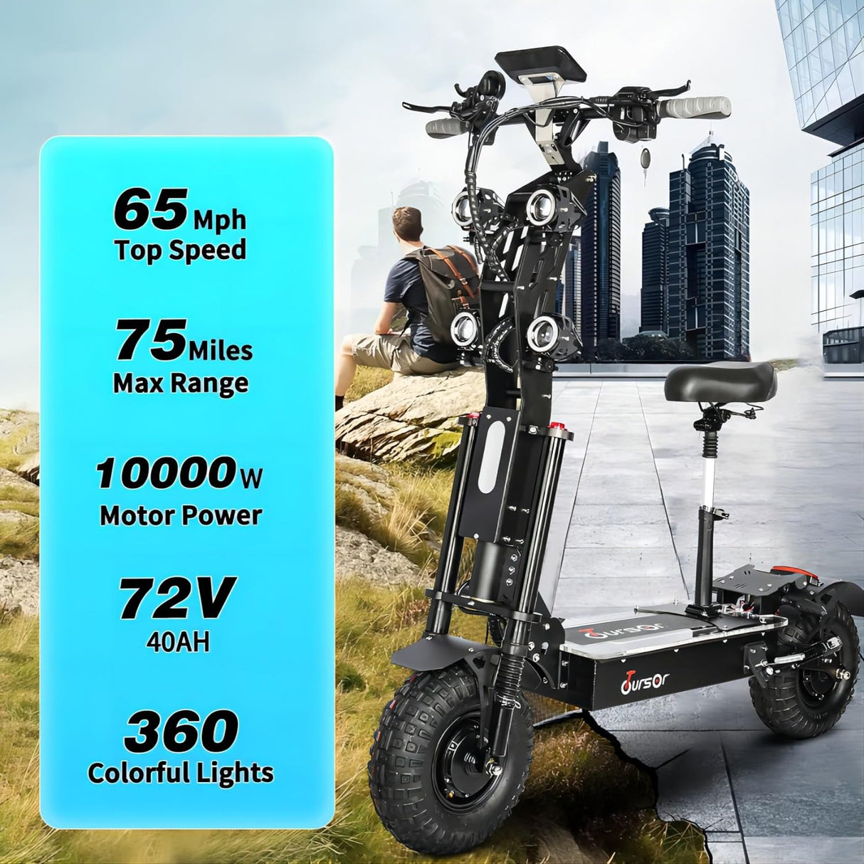 TOURSOR X1472V 14" Scooter électrique pliant avec siège 5000W*2 Double Moteurs 72V 40Ah Batterie