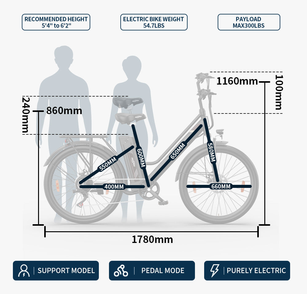 Taille de vélo électrique pas à pas OneSport OT18-3, hauteur recommandée