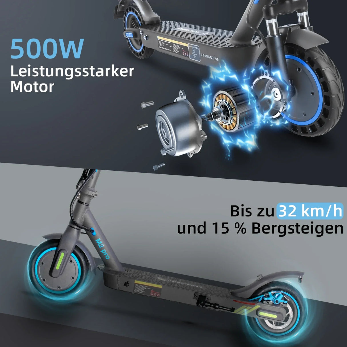 HONEYWHALE M2 Pro Trottinette électrique pliable avec contrôle par application Bluetooth 500W Moteur 36V 7,8Ah Batterie