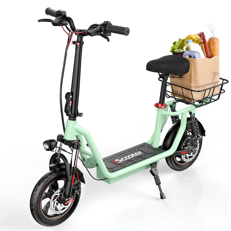 ISCOOTER I12 12" Trottinette électrique de transport avec siège et panier de transport 500W Moteur 36V 7,5Ah Batterie