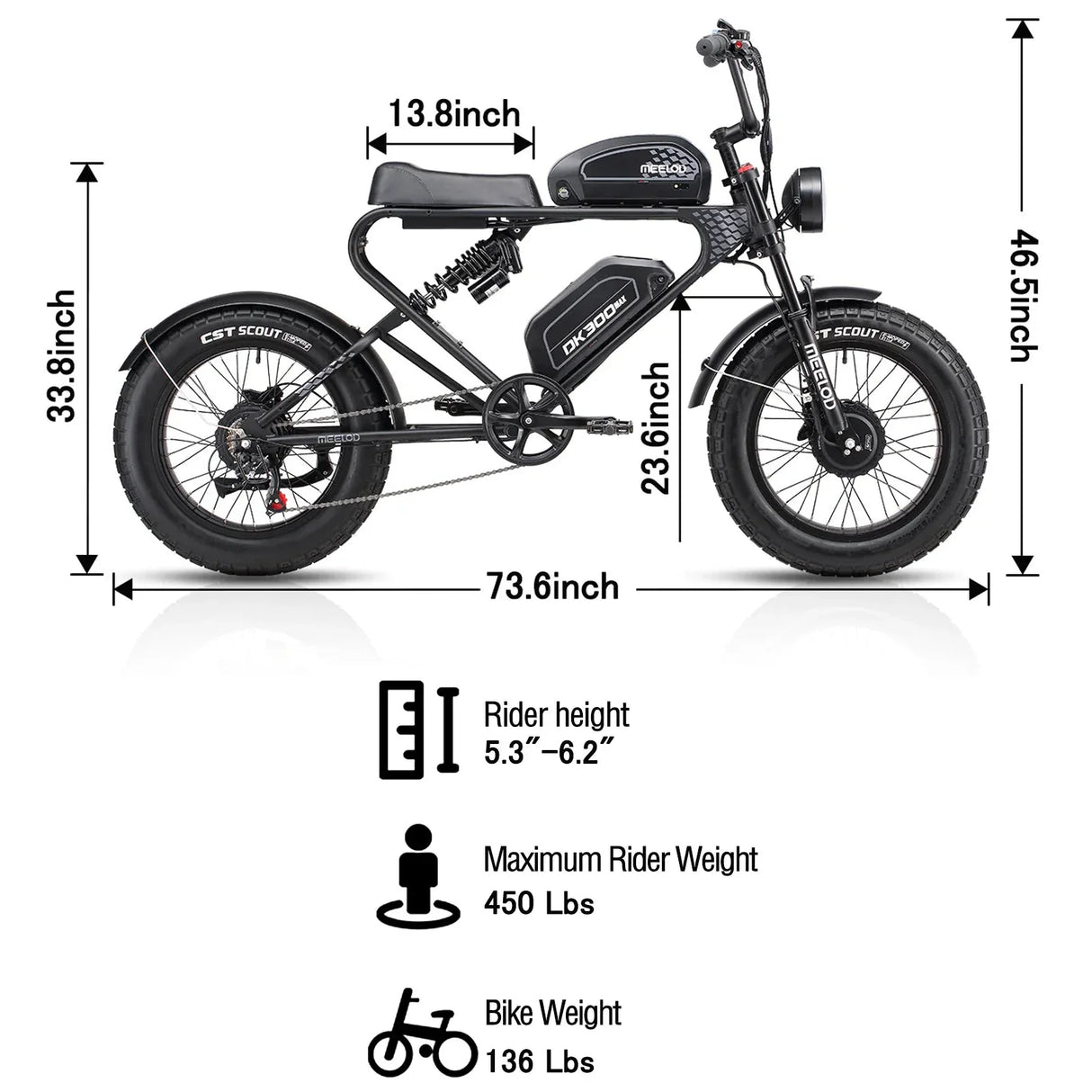 MEELOD DK300 MAX 20" Vélo électrique de style cyclomoteur rétro 1 200 W de pointe Deux moteurs 48V 20Ah Double Batterie