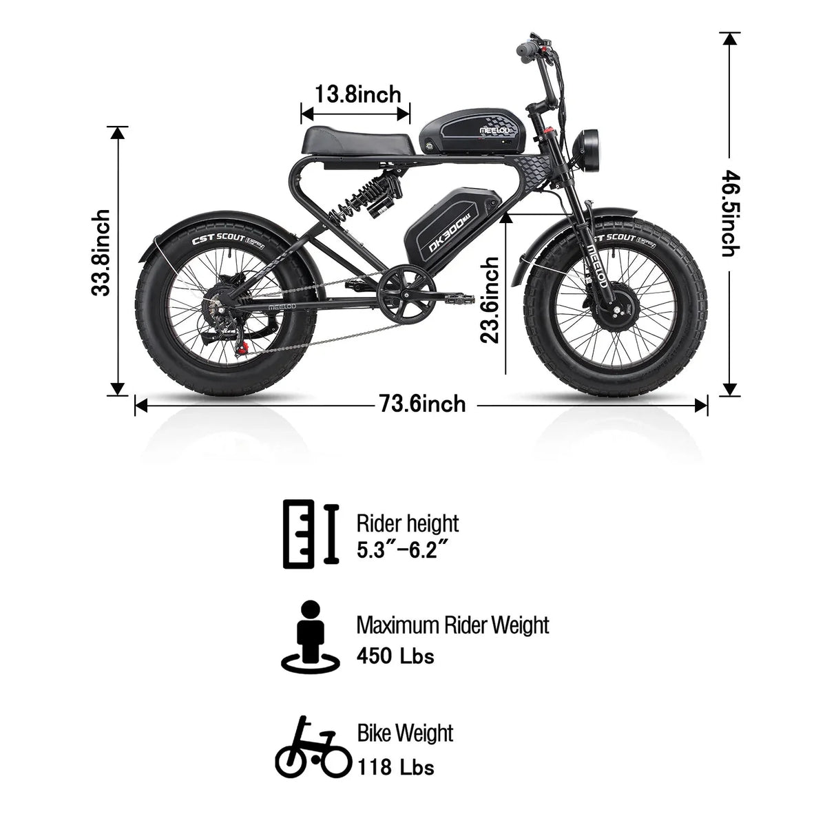 MEELOD DK300 PLUS 20" Vélo électrique de style cyclomoteur rétro 1200W de pointe Deux moteurs 48V 20Ah Batterie
