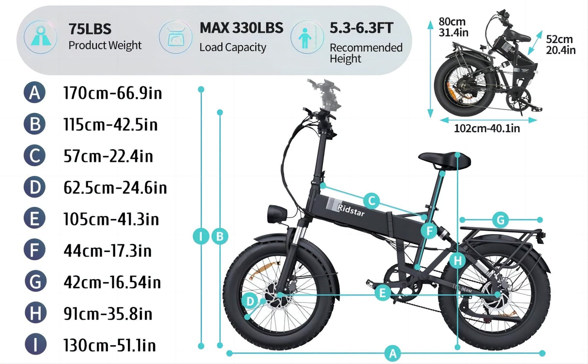 RIDSTAR H20 Pro 20" Vélo électrique pliant 2000W Moteur 48V 23AH Batterie