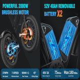 Ridstar Q20 Pro Fat Tires Vélo elétrico 2*1000W Motor 52V 20Ah Bateria Dupla