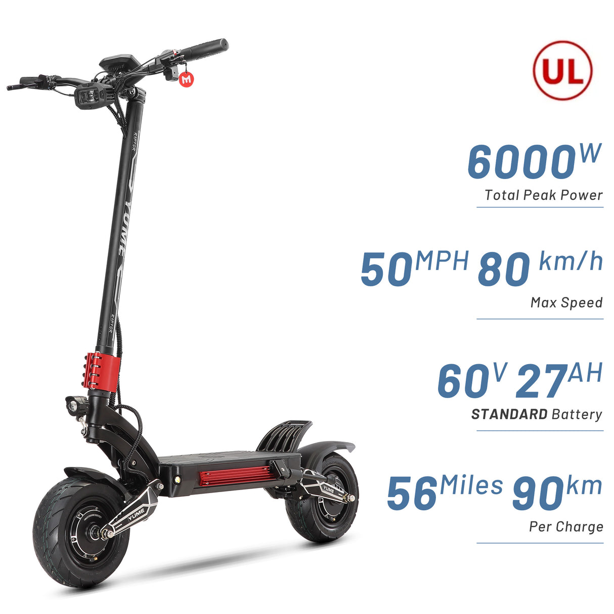 YUME Raptor 11" Trottinette électrique tout-terrain 3000W*2 Moteurs doubles 60V 27Ah/30Ah Batterie