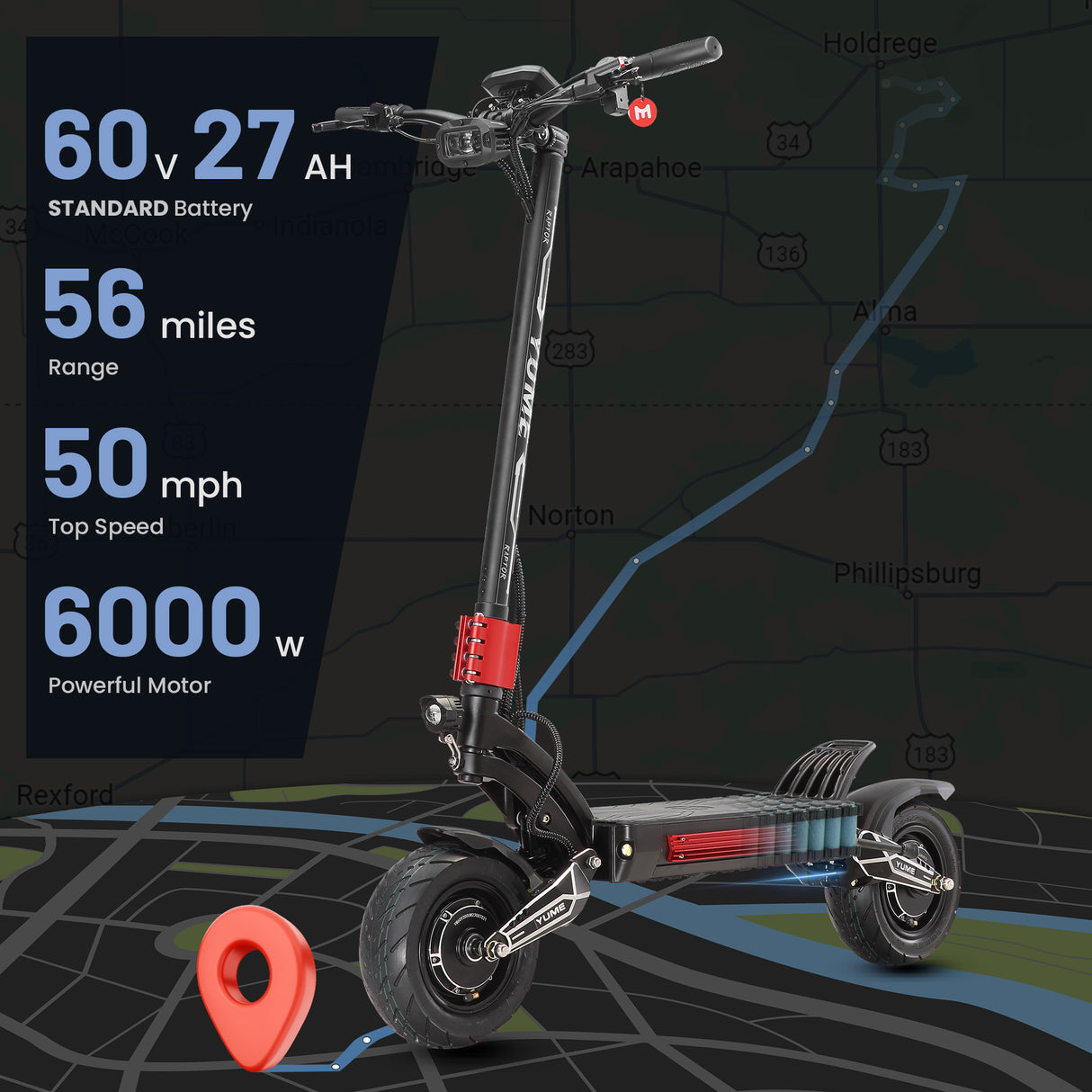 YUME Raptor 11" Trottinette électrique tout-terrain 3000W*2 Moteurs doubles 60V 27Ah/30Ah Batterie