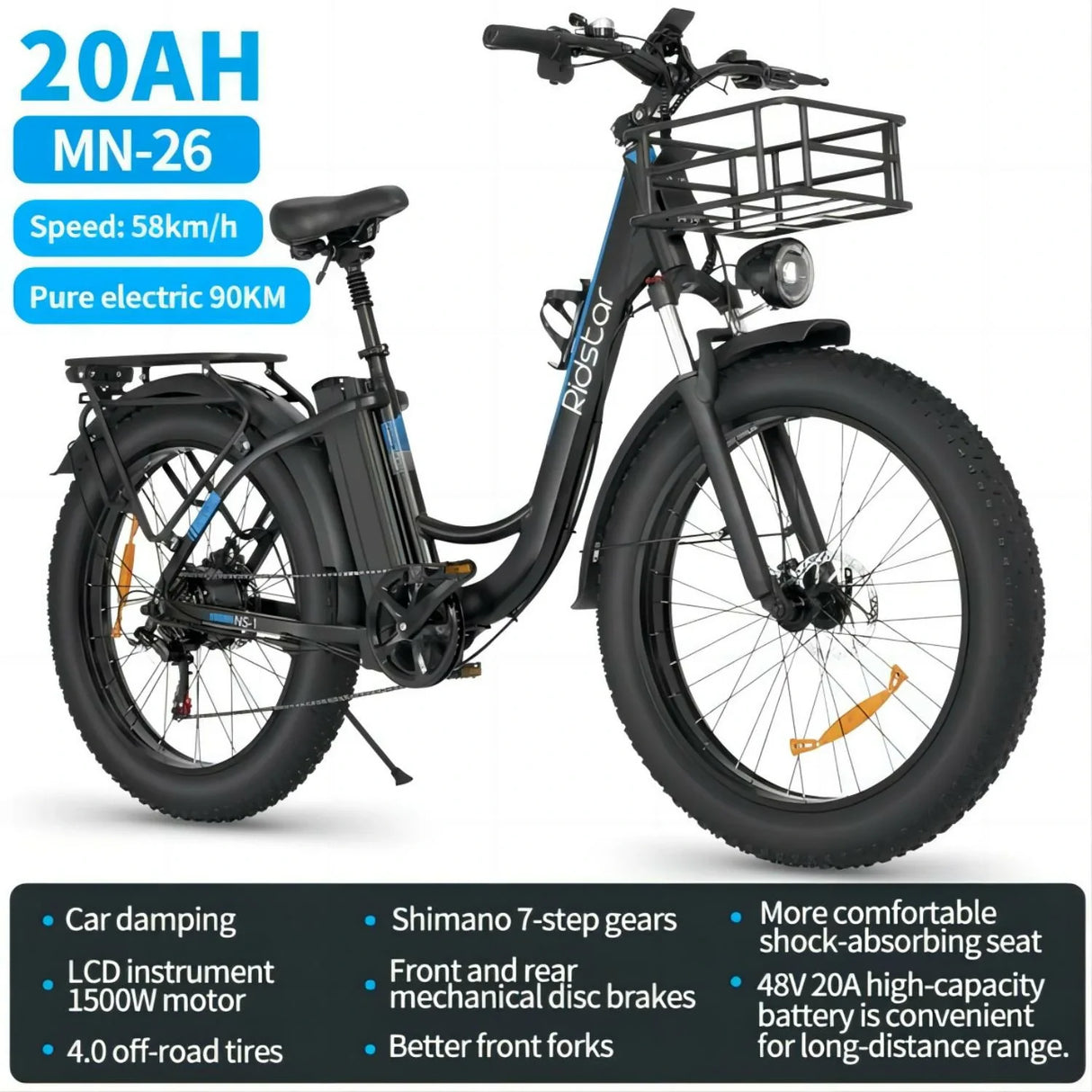 RIDSTAR MN26 26" gros pneus vélo électrique de montagne 1500W moteur 48V 20Ah batterie