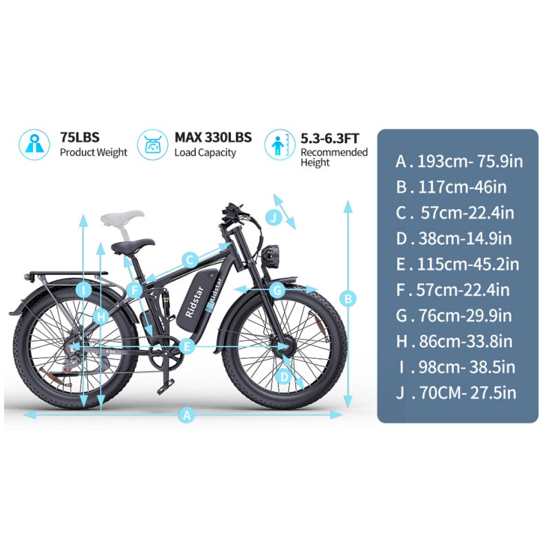 RIDSTAR E26 Pro 26" Vélo électrique de montagne à gros pneus Moteur double 2000 W batterie 48 V 23 Ah